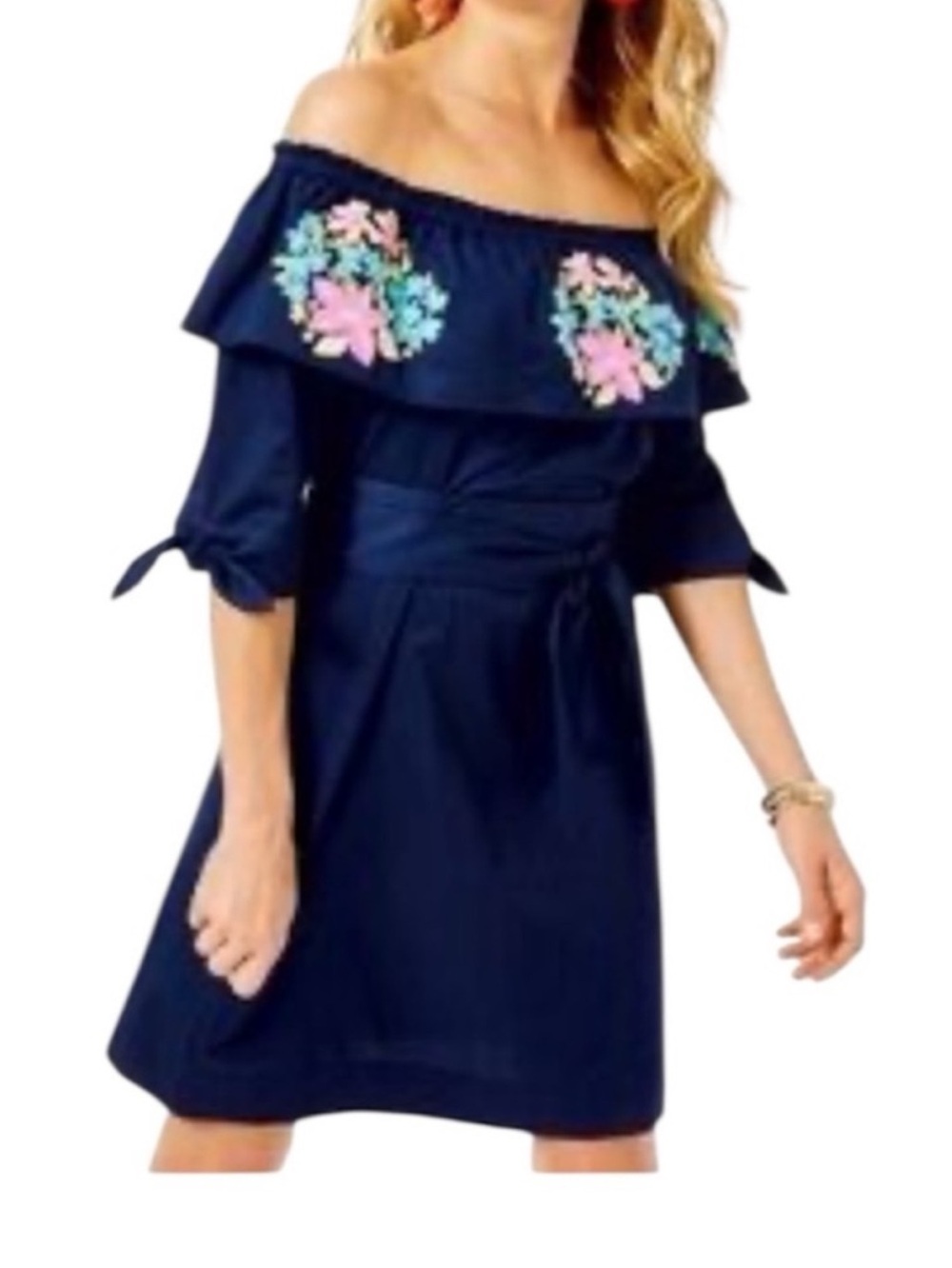 Lilly Pulitzer blue pink tropical floral 100% cotton short sleeve dress size Med